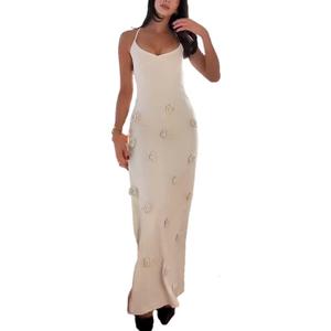 LOUSEA Women's 3D Floral Crochet Maxi Dress Spaghetti Strap Tie Waist Backless Bodycon Knit Beach Long Dress with Floral Applique for Summer Vacation Party Outfits (LS-1003-Apricot,S)