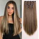 Clip in Hair Extensions 22 Inch Straight Synthetic Hairpieces for Women, 5 Pcs Thick Hair Extension Clip Ins Natural Heat Safe Fiber Chocolate Brown with Golden Blonde Highlights