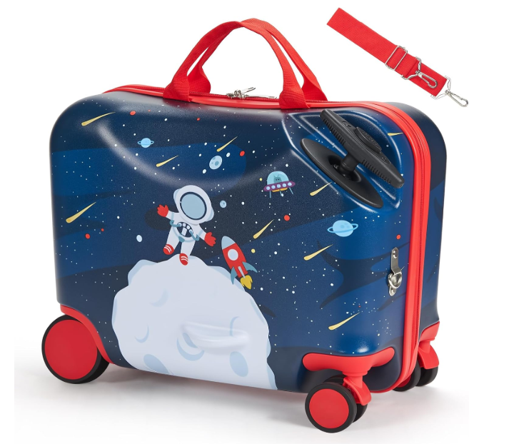 VEVOR Ride-on Luggage 26 L 18 Inches Toddler Carry on Luggage with Wheels
For Boys & Girls Aged 3+, 110 lbs Weight, Tow Along Lightweight Kids Riding Suitcase, Adjustable Shoulder Strap, Blue & White