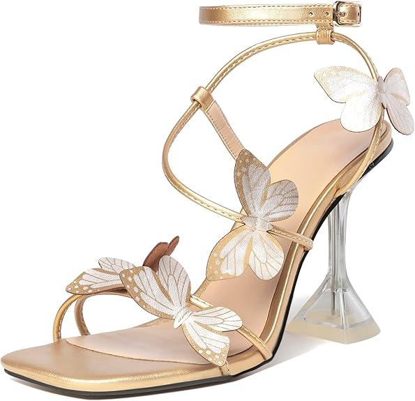 Esvowido Heeled Sandals for Women, Butterfly Ankle Strap Open Toe High Heels, Strappy Square Toe Clear Stiletto Spool Heels, Butterfly Sandals 4 Inches, US 7 EU 37