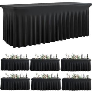Outpain Black Spandex Tablecloth for 8 Foot Rectangle Tables, 6 Pack Black Wrinkle Free Fitted Table Cloths 8ft Stretchy Banquet Table Clothes Cover Desk Skirt for Birthday Wedding Parties Baby Shower