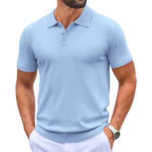COOFANDY Mens Knit Polo Shirts Casual Short Sleeve Button Down Polo Shirt Classic Golf Shirts (Blue, M)