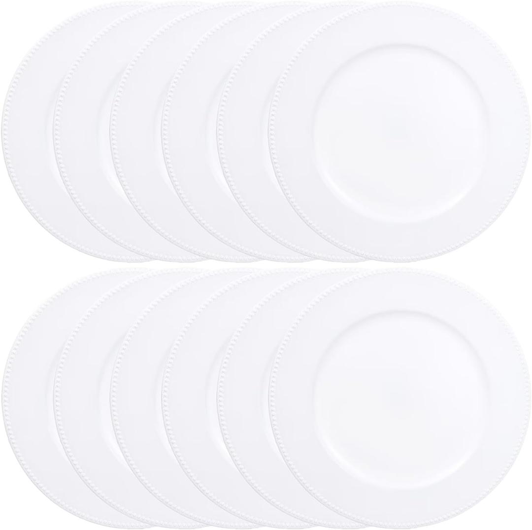 Set of 12 White Charger Plates with Beaded. 13" Reusable Plastic Table Chargers for Dinner Plates (BEADED SILVER)