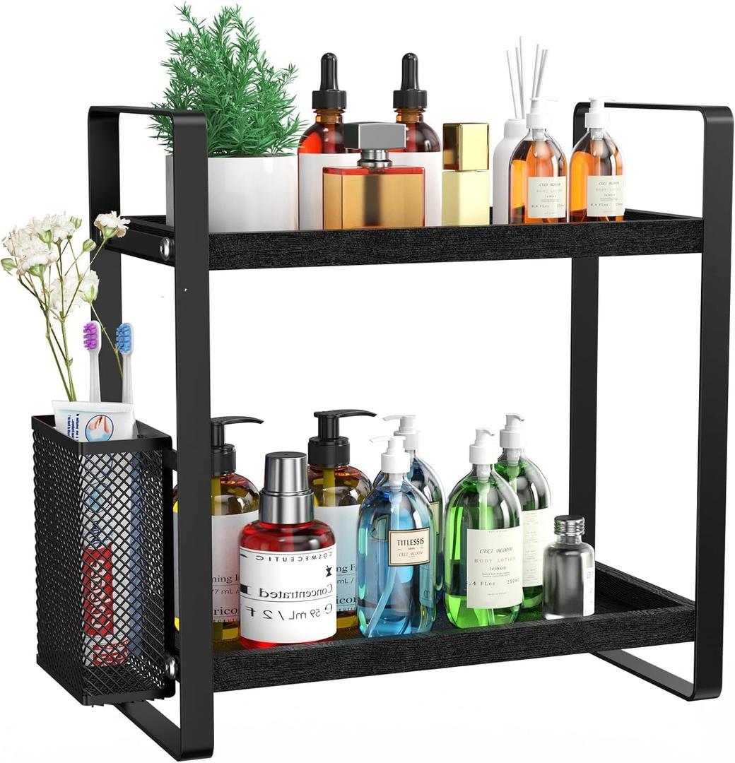 LEMIKKLE Bathroom Organizer Countertop, Makeup Skincare Perfume Organizer Counter Organizer Wood Shelf Tray for Vanity, Storage and Organization for Dresser, Vanity, Countertop (Black)