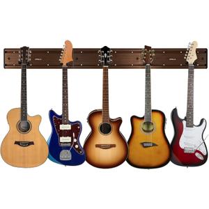 Guitar Wall Mount Hangers, Holds Multi Guitars, Aluminum Metal Guitar Stand Bass Holder, Wood Grain Base Plate Rack, Adjustable Instruments Display Set for Ukulele Banjo (W48.7in, 5 Hangers)