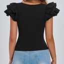 PRETTYGARDEN Women's Ruffle Short Sleeve Shirts 2026 Summer Casual Basic Tee Cute Fitted Crew Neck Fashion Tops Clothes (Black, M)