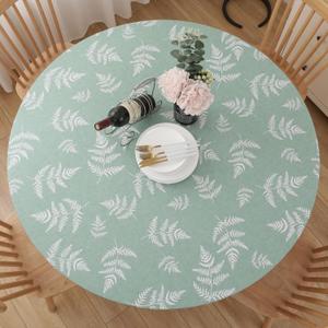 Round Vinyl Fitted Tablecloth, Waterproof Elastic Table Covers Wipeable Flannel Backed Tablecloths for Picnic Camping Indoor and Outdoor (Leaf,Green, Fits 27" to 32" Diameter Tables)