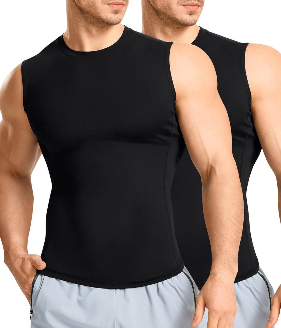 Eleady 2 Packs Compression Shirt Men Workout Shirts Athletic Base Layer Sleeveless Tank Top Slimming Undershirt (Large, Black+black)