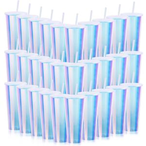 Ahongwenxi 30 Pack Iridescent Plastic Cups with Lids and Straws, 24 oz Disposable Plastic Tumblers Iced Coffee Cups Travel Mug Cup for Juices Birthday Bachelorette Party Wedding (Iridescent,24 oz)
