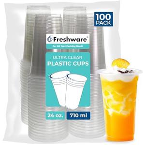 Freshware Clear Plastic Cups [100 Pack - 24 oz] Disposable Cups for Iced Coffee, Smoothie, Milkshake, Cold Drinks