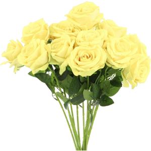 uxcell 12 Pcs Pale Yellow Roses Artificial Flowers, Velvet Rose Real Touch Fake Roses with Stems for Home Decor Wedding Bouquet Hotel Office Decor