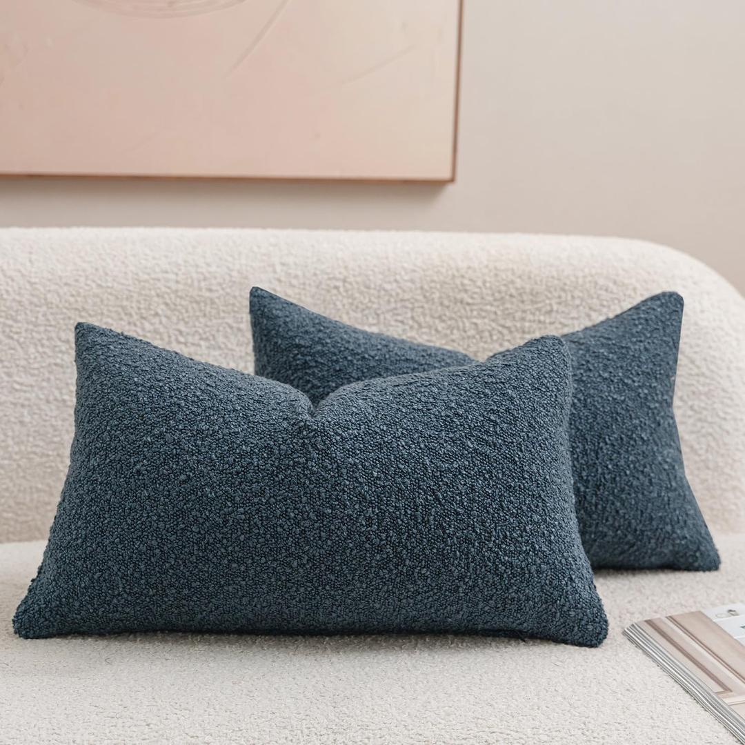 DEZENE Textured Boucle Decorative Pillow Covers 12x20 Navy for Bed Couch Sofa Living Room, Pack of 2 Rectangular Lumbar Cozy Boho Throw Pillow Cases (Covers ONLY) (20" x 12" (Pack of 2), Navy)