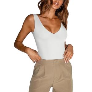 REORIA Women's Summer Sexy Plunge Deep V Neck Sleeveless Double Lined One Piece Tank Tops Thong Bodysuits Leotards for Going Out White Medium.M