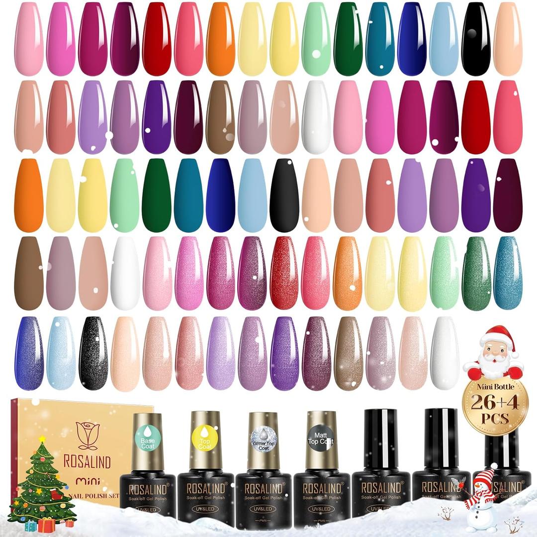 ROSALIND 30pcs Gel Nail Polish Set, 26 Colors Gel Polish with 3Pcs Glossy Matte Glitter Top Coat and Base Coat All Seasons Nude Blue Red Gel Nails art Kit DIY Salon at Home (Multi-Colored 02)