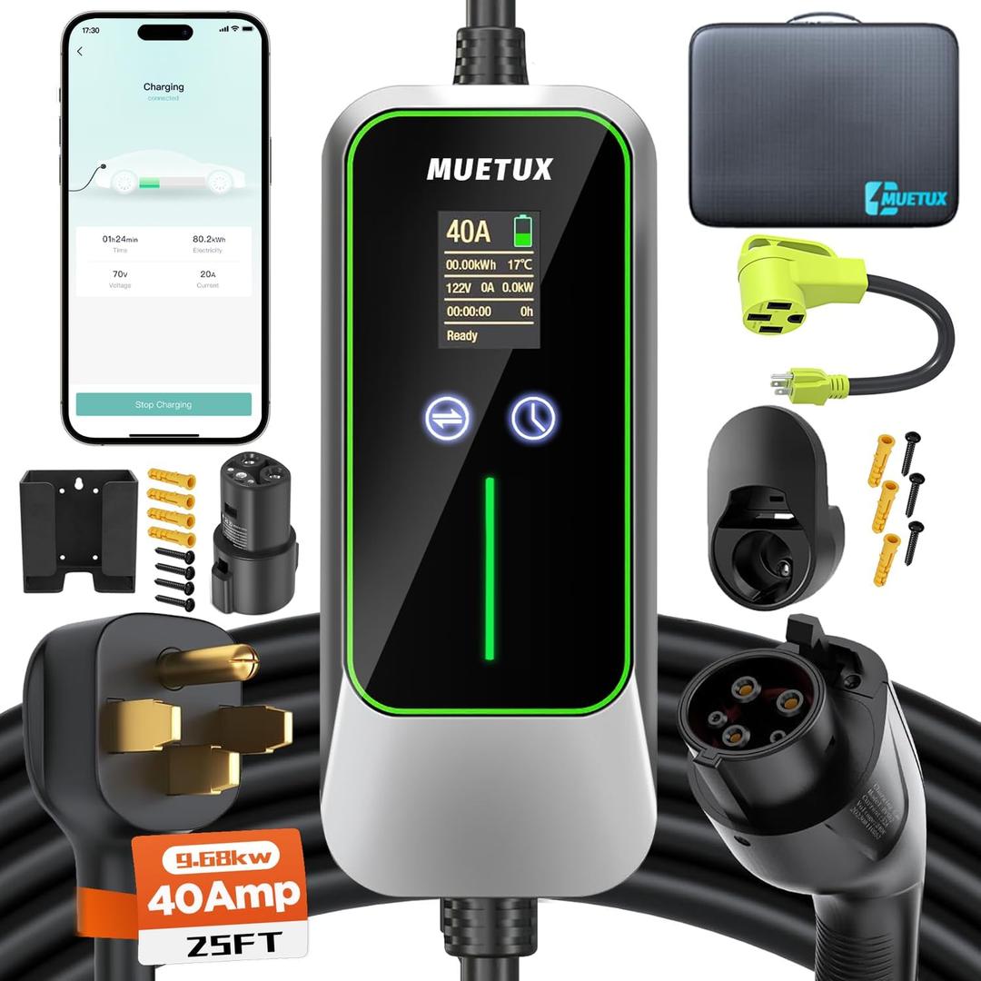 MUETUX Level 2 EV Charger (J1772 & Tesla, 40A, 240V, 25FT, 9.68kw) Home/Travel Portable Electric Vehicle Charging Station,Adjustable Current/Timing Delay，Equipped with Smart APP