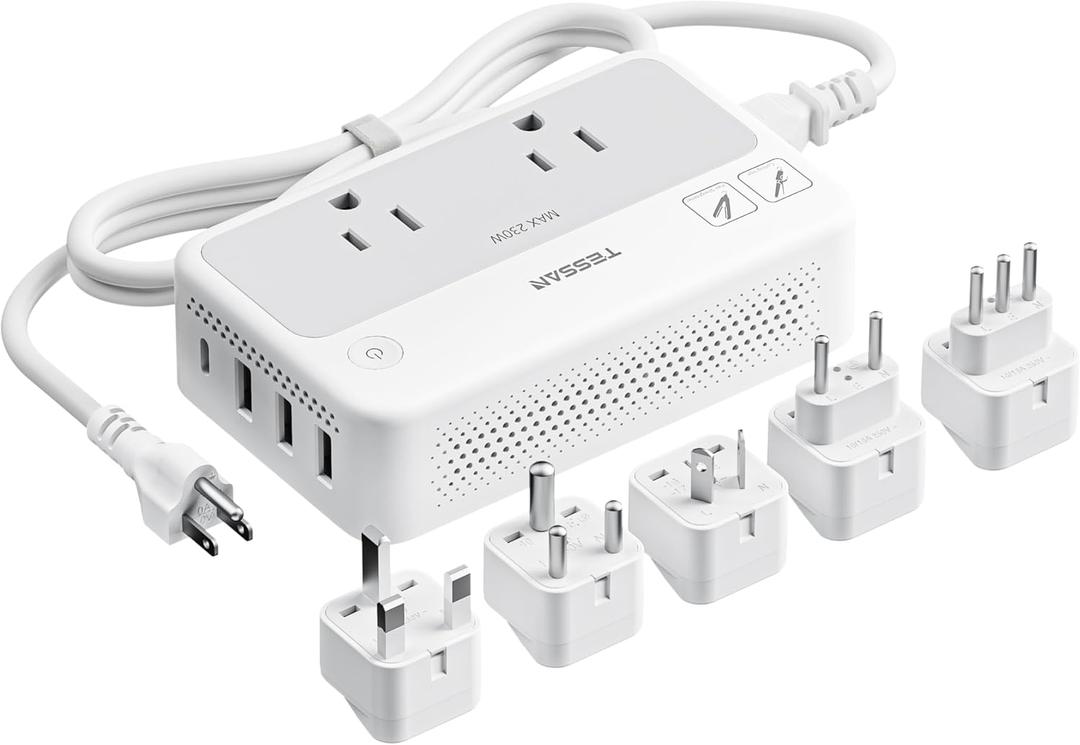 TESSAN 220V to 110V Voltage Converter, Universal Travel Power Adapter Combo with International Plug (Type C/G/D/I/L), 2AC 4 USB Ports(1 USBC)230W Max Step Down Transformer for US to Europe