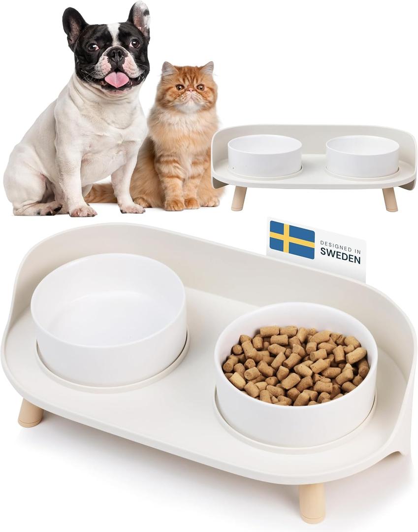 MalsiPree Elevated Ceramic Dog & Cat Bowls Set, Raised Stand for Small Dogs & All Sized Cats, Sand Beige with Splash Guard - Pet Bowls (Medium)