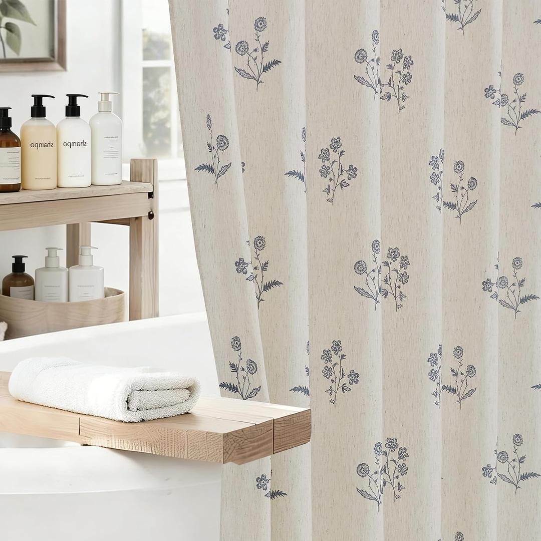 ORTIGIA Blue Floral Linen Shower Curtain 72 W x 84 L Farmhouse Vintage Long Shower Curtains Boho Rustic Block Print Cottagecore Decor for Bathroom