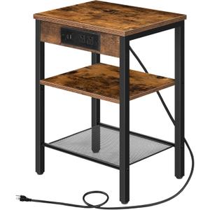 HOOBRO Side Table with Charging Station and USB Port, Small End Table for Small Space, 3-Tier Nightstand with Adjustable Shelf, for Living Room, Bedroom and Balcony, Rustic Brown BF112BZ01