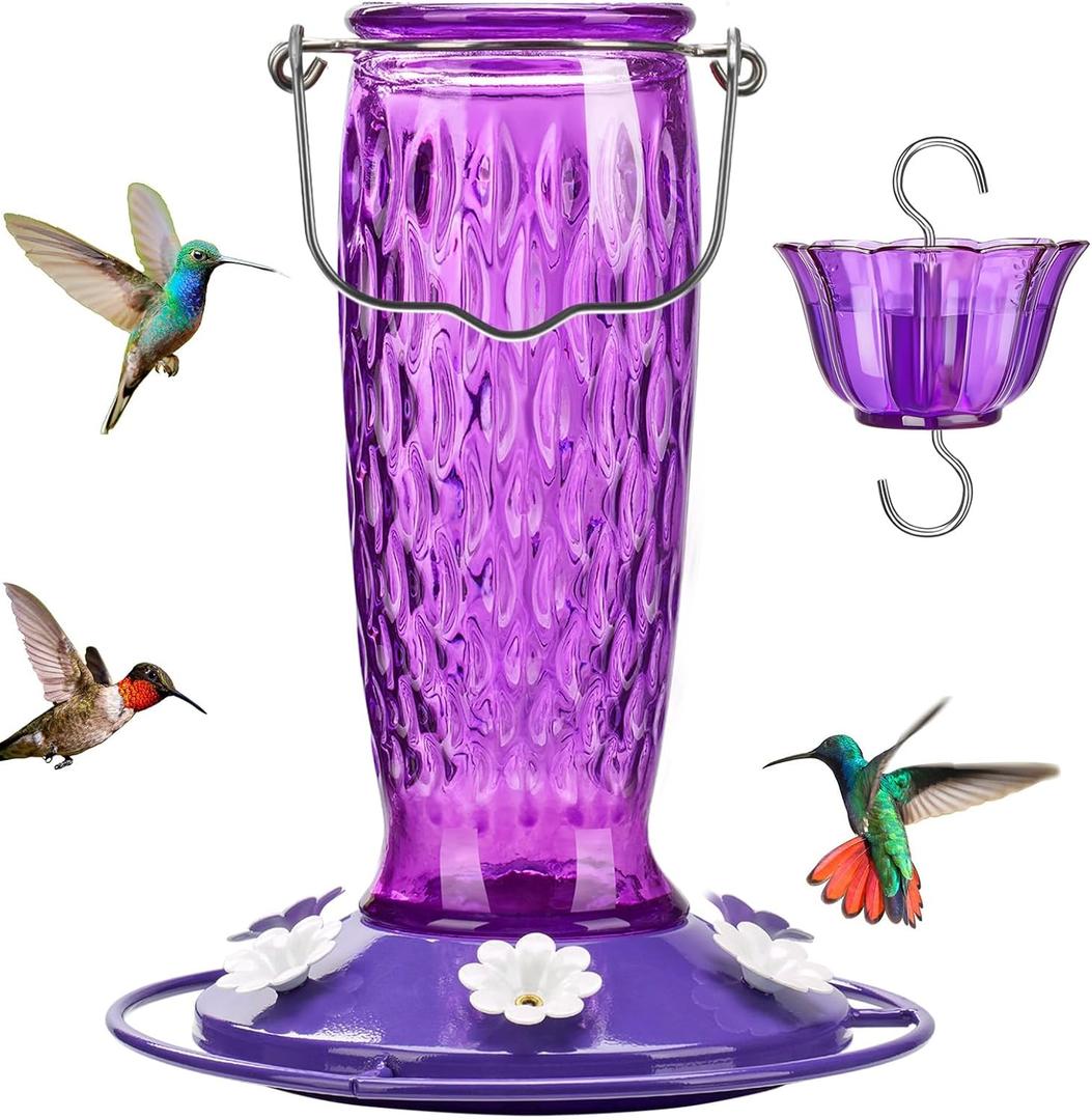Kingsyard Hummingbird Feeders for Outdoors Hanging, 24 Ounce, Glass Hummingbird Feeder with Ant Moat & 6 Bee Guard Feeding Ports, Leak-Proof, Purple