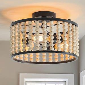 tewei Wood Bead Chandelier, Semi Flush Mount Ceiling Light Rustic 3 Lights Boho Farmhouse Bohemia Chandelier Fixture with E26 Base for Kitchen Bedroom Living Room Dining Oak Black