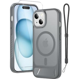 RMOCR for iPhone 15 Case & iPhone 14 Case with Screen Protector+Lanyard Wrist Strap,Magnetic Translucent Matte Rugged Slim Phone Cover Built in Invisible Kickstand [Fit for MagSafe],Grey
