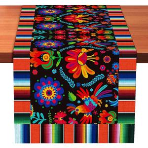 Mexican Table Runner 72 x 13 Inch Fiesta Serape Floral Bird Table Decor for Cinco de Mayo, Southwestern Boho Dining Table Cloth for Kitchen Parties and Mexican Themed Events