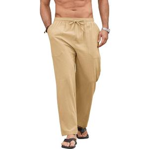 Men Linen Drawstring Pants Casual Summer Cotton Trousers Lightweight Breathable Straight Leg Vocation Beach Lounge Wear, Large