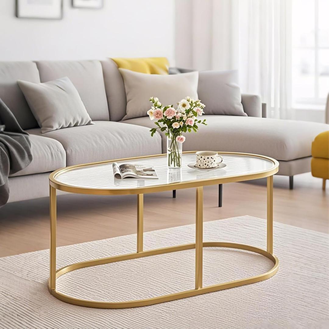 Coffee Table Gold Glass Coffee Table for Living Room, Oval Table Center Table with Ribbed Glass Top and Sturdy Metal Frame,Modern Glass Accent Tables for Bedroom Home Office, 1-Tier