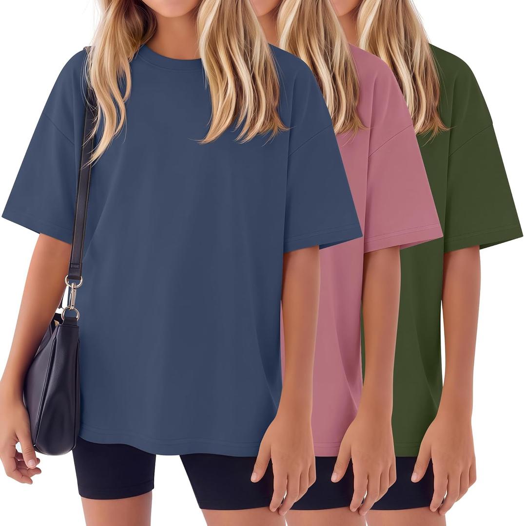 3 Pack Girls Short Sleeve T-Shirts | Oversized, Crewneck, Trendy Tops, Casual, Athletic, Summer, Back to School (Pink)