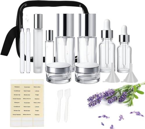 7 Pack Glass Travel Bottles for Toiletries, TSA Approved Glass Travel Containers 1.35/0.7/1 oz Silver Small Travel Bottles with Label, BPA Free Leak Proof with Pump Spray Bottles for Makeup, Skincare