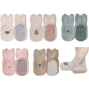 Exegawe Toddler Non Slip Socks, Cute Baby Socks with Grips Crew Socks 5 Pairs (6-12 Months, 5 Mix Colors)