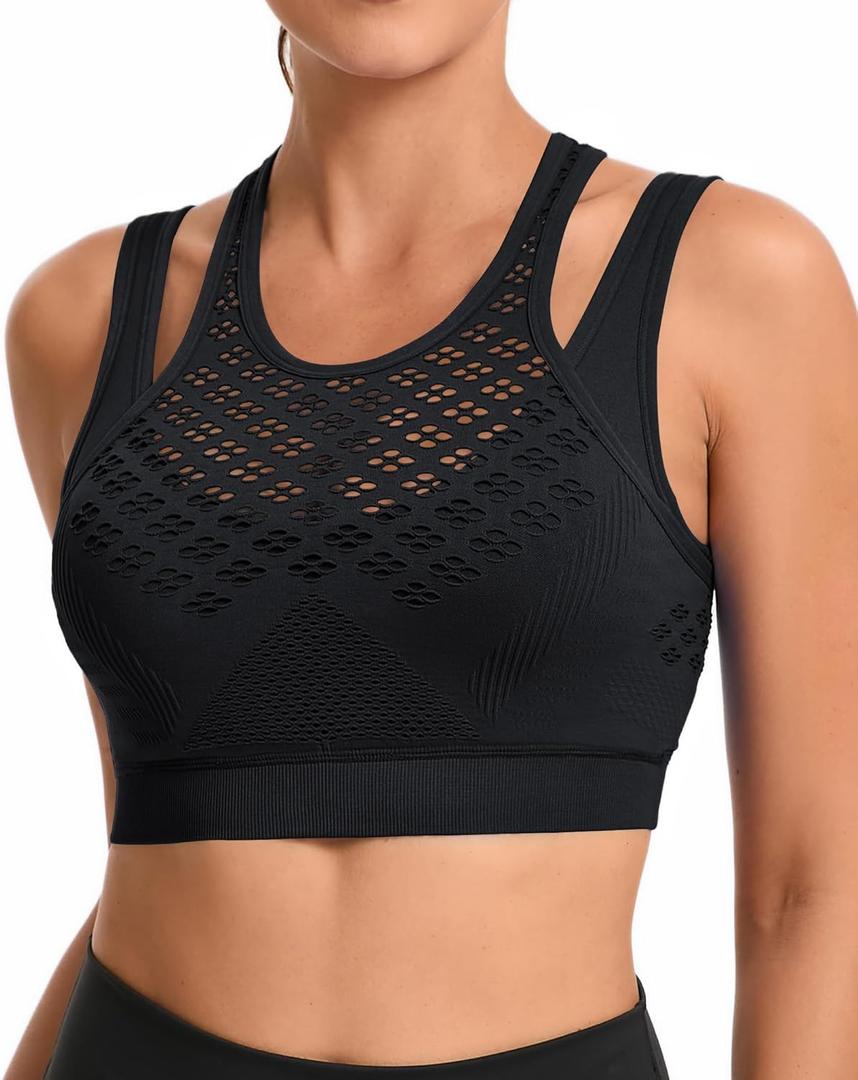 RUNNING GIRL Sports Bras for Women High Support,Seamless Ribbed Longline High Neck Sports Bra Racerback Padded Crop Top Yoga (Medium)