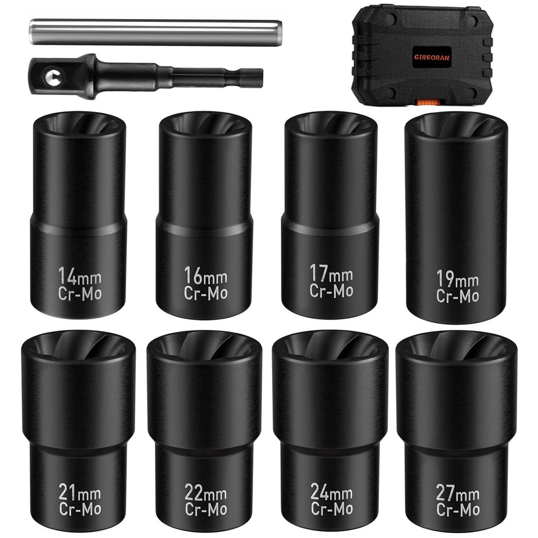 GIREORAN Wheel Lock Removal Kit, 10 Piece Lug Nut Remover, 1/2-Inch-Drive Impact Easy Out Bolt Extractor Socket Set for Removing Damaged, Frozen, Rusted, Rounded-Off Bolts, Nuts & Screws