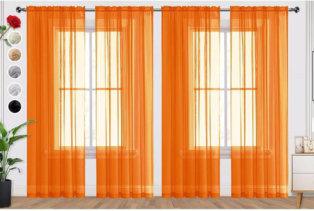 SpaceDresser Orange Sheer Curtains 4 Panels Rod Pocket Semi-Sheer Curtain 63 Inches Long Light Filtering Voile Window Drapes for Bedroom Living Room Kitchen, Each 52W x 63L