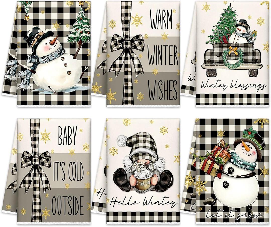 6 Pcs Winter Snowman Kitchen Towels Buffalo Plaid Gnome Dishtowels 21 x 14 Inch Absorbent Decorative Hello Winter Bathroom Hand Towel for Kitchen Bathroom Farmhouse Decor Gift (Elegant Colors)