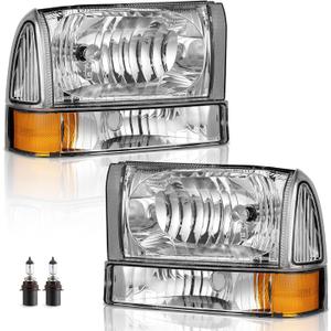WEELMOTO Headlights Assembly W/Bulbs for 99-04 Ford Super Duty F250 F350 F450 F550, for 00-04 Ford Excursion Headlight with Bumper Signal Corner Light (NOT FOR SEALED BEAM MODELS) (Clear Lens I Chrome Housing I Amber Reflector)