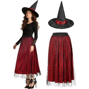 Halloween Skirts for Women with Witch Hat Velvet Bats Mesh Tulle Midi Skirt for Costume Party Outfit (Small-Medium, Red)