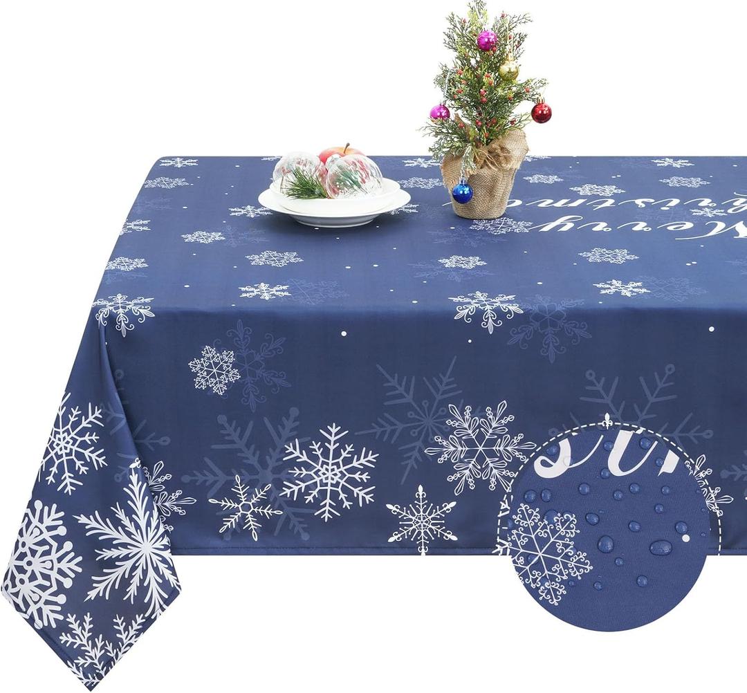 FRAMICS Christmas Tablecloth, Snowflake Table Cloth Waterproof Navy Blue Tablecloths for Dining Kitchen Winter Holiday, Spill-Proof Table Cover for New Year Party Decor, Rectangle 60x84 Inch, Blue