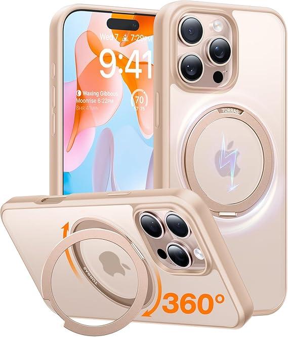 TORRAS 360 Rotatable Magnetic Ring for iPhone 16 Pro Max Case with Stand, Fit for MagSafe, 16FT Mil-Grade Shockproof Translucent for iPhone 16 Pro Max Phone Case 6.9", Rose Gold Pink