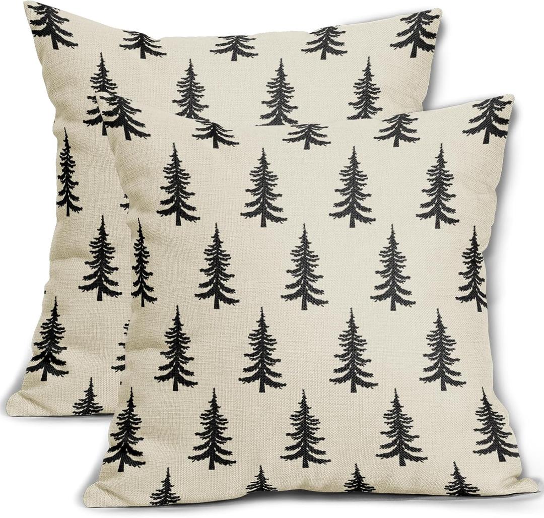 Christmas Tree Pillow Covers 18x18 Set of 2 Black Xmas Rustic Style Winter Print Decorative Outdoor Pillowcases Farmhouse Vintage Holiday Decorations Throw Cushion Case Decor for Couch Sofa Bed