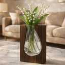 Wood and Glass Vase for Flowers - Handcrafted Solid Wood Glass Vase, Rustic Farmhouse Table Centerpiece, Artistic Wooden Vases for Home Decor Living Room (Large - Wide (9.5" H x 6.9" W))
