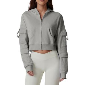 QINSEN Hoodies for Women Full Zip Up Cropped Jacket Long Sleeves with Cargo Pockets Sweatshirts Tops (Small, Grey)
