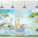 Winnie Bear Backdrop Pooh Baby Shower Decorations for Boys Kids Newborn Classic Bear Blue Balloons and Friends Background Table Banner Photo Studio Props Photography Background 6x3.6ft