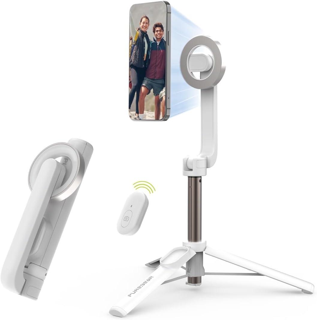 PureGear Magnetic Selfie Stick Tripod Stand with Wireless Remote, Compatible with MagSafe for iPhone 17/16/15/14/13/12 Series and Android Phones, Extendable Tripod Mount and Stand (White)