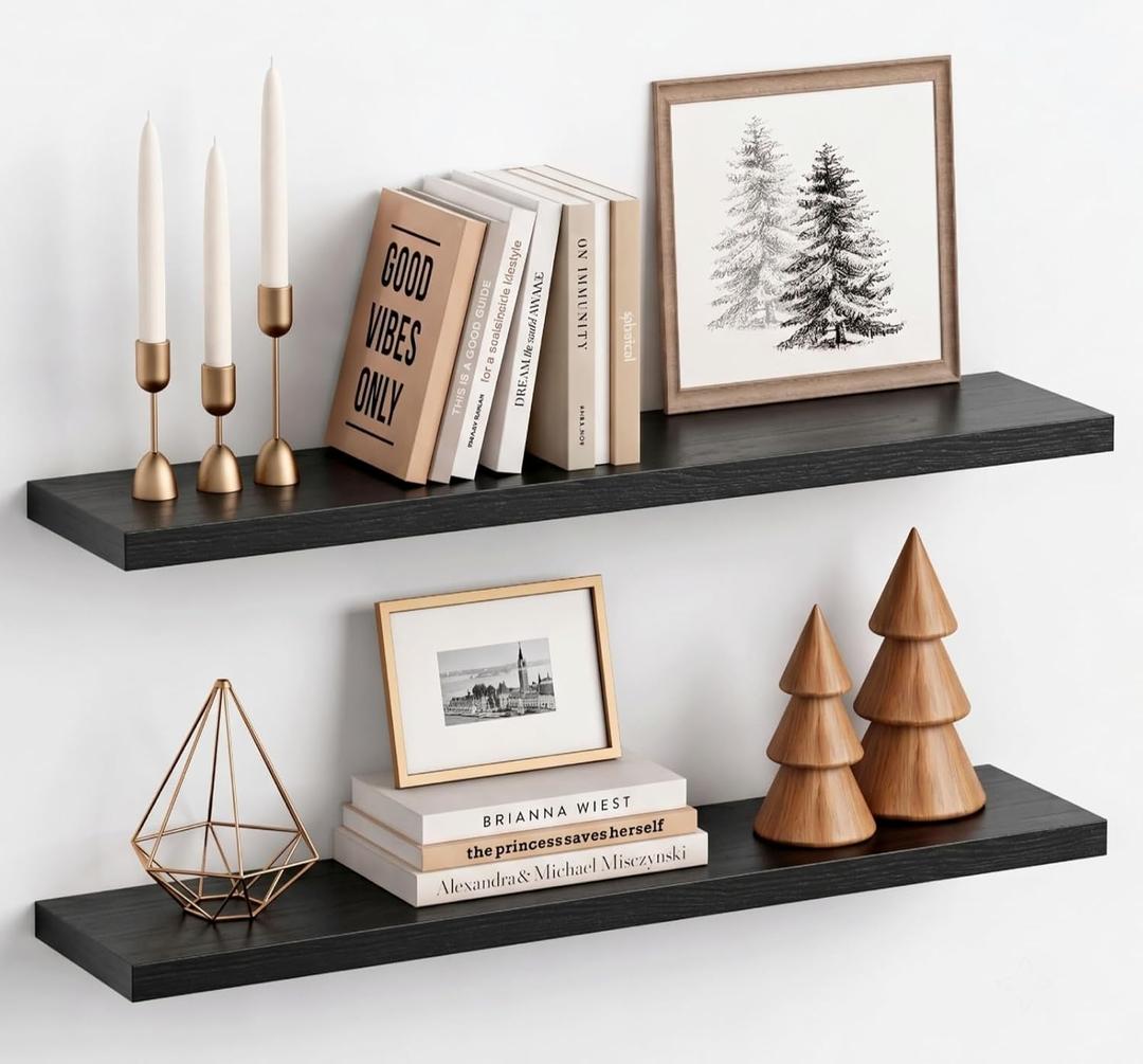 Black Floating Shelves 36 Inch Long, 8" Deep Wall Shelves for Bedroom Books