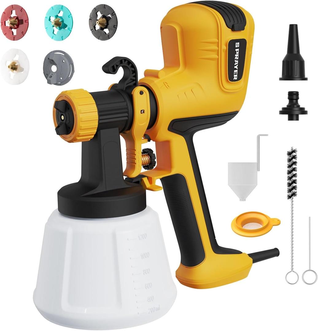ELPIDIO Paint Sprayer, 700W HVLP Electric Spray Paint Gun, with Cleaning & Blowing Joints 4 Copper Nozzles and 3 Patterns Paint Sprayers for Home Furniture, Walls, Cabinets, Fence, Door etc. Yellow
