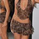 SHENHE Women's 2 Piece Skirt Sets Y2k Rave Outfits Summer Leopard Halter Top Ruffle Mini Skirt Sets Going Out Dress (Brown, XXS)