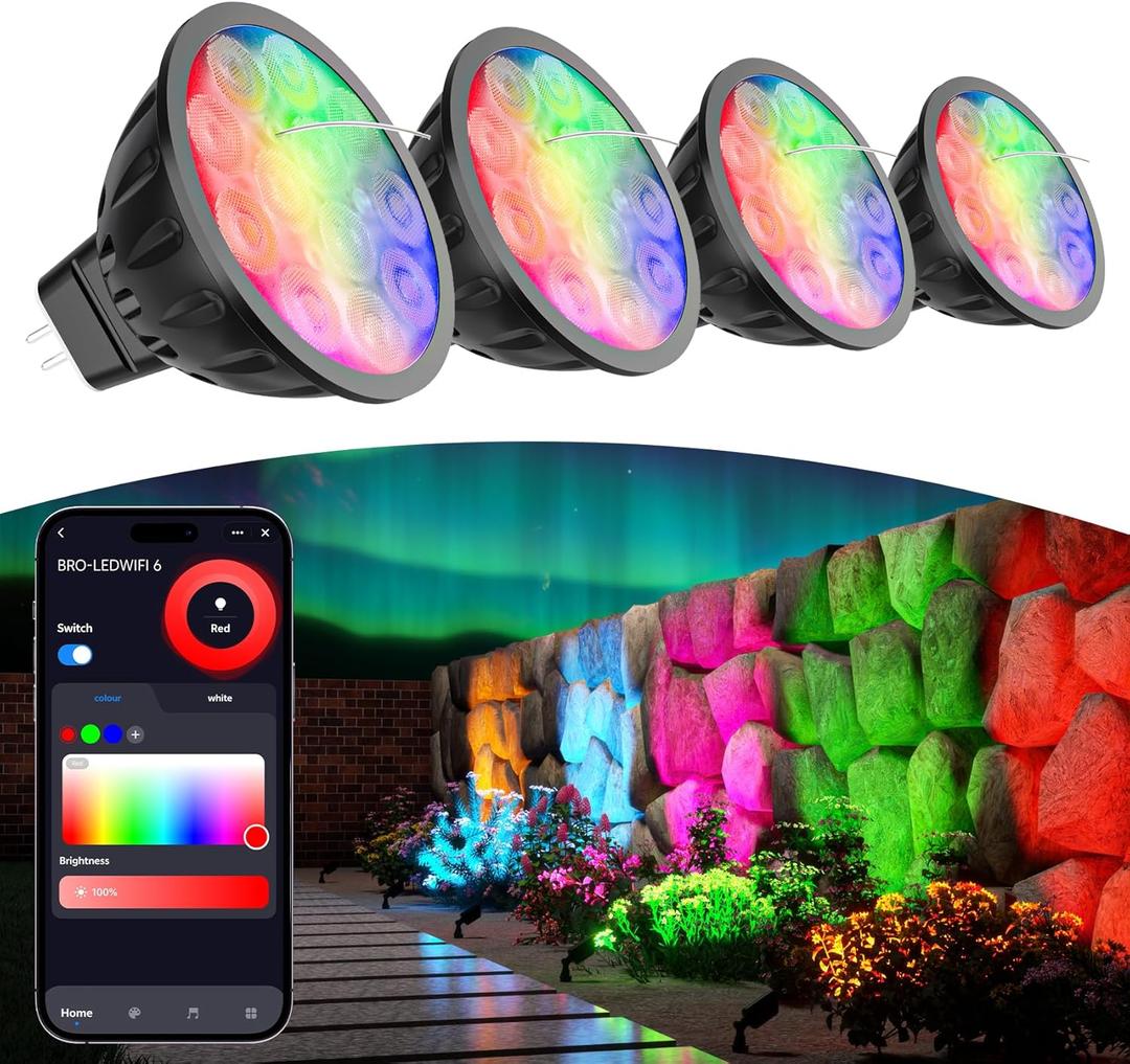 Upgraded Smart WiFi MR16 LED Bulbs Dimmable, RGBW MR16 LED Bulb Color Changing, GU5.3 Bi-pin Base, Multicolor CCT Tunable, Memory Function, Music Sync for 12V Low Voltage Spotlight 4-Pack