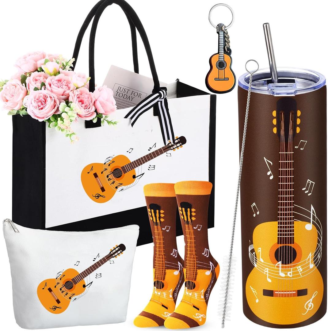 Potchen 5 Pcs Music Gifts Back to School Novelty Socks & 20 oz Skinny Water Tumbler & Tote Bag Makeup Bag & Keychain for Music Lovers Musician First Day of School Students Christmas Gift(Guitar)